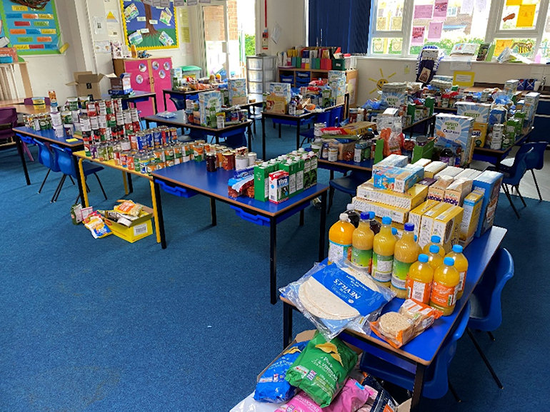 School food bank showing lots of grocery items